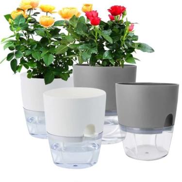 Imagem de 4 vasos de irrigação automática, vaso de flores de plástico para plantas internas com orifício de drenagem de tanque de armazenamento de água visível transparente, adequado para jardins internos e