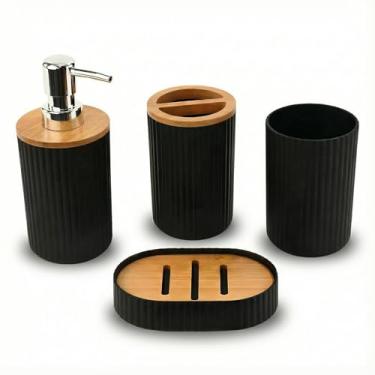Imagem de Kit Banheiro 4 Peças Bambu | Dispenser, Saboneteira, Porta Escovas e Copo Organizador para Pia e Lavabo