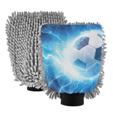 Imagem de ODAWA Luvas de lavagem de microfibra relâmpago azul bola de futebol para lavagem de carro, pacote com 2, luva de microfibra macia para lavagem de carro 20,5 x 30 cm