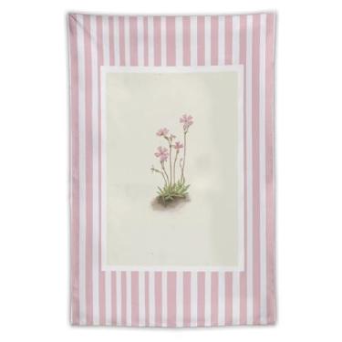 Imagem de Tapeçaria de parede botânica de flor rosa vintage listras blush boho cottagecore decoração floral minimalista tecido pendurado para quarto, dormitório, berçário, espaço de estar, apartamento, estética