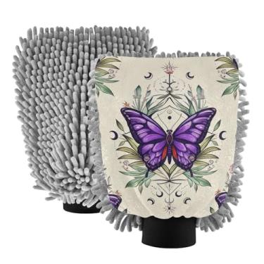 Imagem de ODAWA Luvas de lavagem de carro com asas de borboleta roxas chenille, 2PK luva de detalhe automático sem fiapos para caminhões, tamanho grande 20 x 29 cm