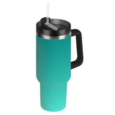 Imagem de Copos de aço inoxidável com tampa e canudos, verde-petróleo, azul aqua, gradiente, caneca de café quente para carro, copo a vácuo com alça, garrafas de água isoladas de 1,134 g