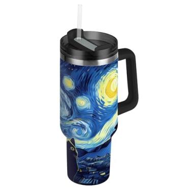 Imagem de Joisal Copos com tampa e canudos, copo de noite estrelado de gato fofo com alça 850 g garrafas de água a vácuo isoladas de aço inoxidável caneca de café quente para carros