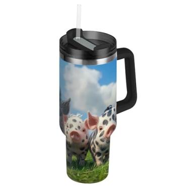 Imagem de Joisal Copo de 850 g com alça copos de aço inoxidável com tampa e canudos Garrafa de água isolada feminina garrafa de água cabe no copo de carro Cool Piglet Family Grass