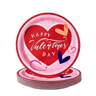 Imagem de Bufeti 20 peças de pratos de papel de dia dos namorados descartáveis suprimentos de festa vermelho rosa amor impressão coração sobremesa pratos de jantar para Dia dos Namorados, casamentos
