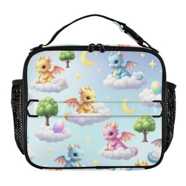 Imagem de Joisal Lancheira fofa com desenho de dragões coloridos, meninas, mulheres, lancheira, infantil, masculina, lancheira para trabalho, bolsa térmica macia com alça de ombro ajustável