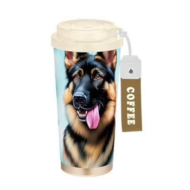 Imagem de TSENQUE Copo para caneca de café de viagem de 473 ml, copo de café de viagem com revestimento cerâmico com canudo e tampa de enchimento, copo isolado a vácuo de aço inoxidável, animal de pastor alemão