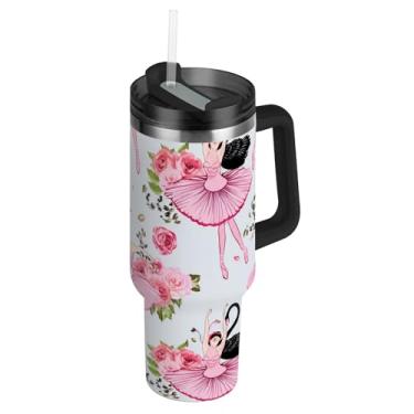 Imagem de Joisal Ballerinas Copos florais tutus rosa com tampas e canudo garrafa de água isolada de aço inoxidável 850 g copo com alça impressão carros xícara de café bebida quente