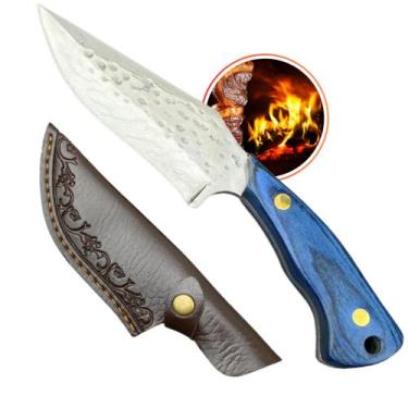 Imagem de Faca Cozinha Açougueiro 21cm Cabo Azul em Madeira Lâmina Desenhada Bai