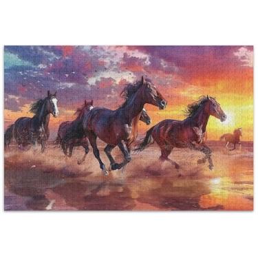 Imagem de Quebra-cabeça de cavalos correndo pôr do sol para adultos, 1000 peças, quebra-cabeça engraçado, presentes de paisagem, decoração de casa, arte