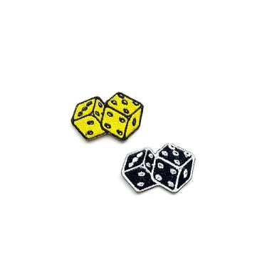 Imagem de PL Conjunto de 2 minúsculos. Mini par de dados, preto, amarelo, remendos, logotipo, 1 desenho fofo costurado, ferro em aplique bordado, crachá, sinal, remendos, roupas
