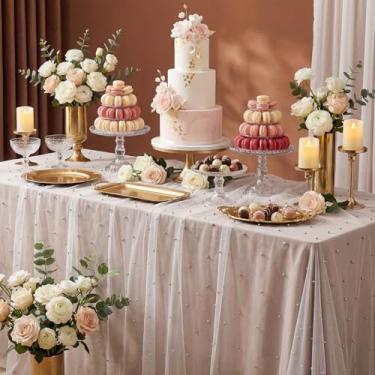 Imagem de Horaldaily Toalha de mesa cinza 152 cm × 152 cm, gaze de renda de tule para primavera, verão, toalha de mesa de chá de noiva para decoração de mesa de aniversário de casamento