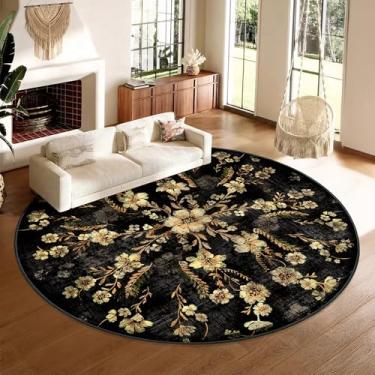 Imagem de Castage Tapete redondo preto grande de 2,7 m, tapetes florais boho para quarto, sala de estar, sala de jantar, lavável, vintage, boêmio, envelhecido, oriental, círculo, antiderrapante, flores douradas