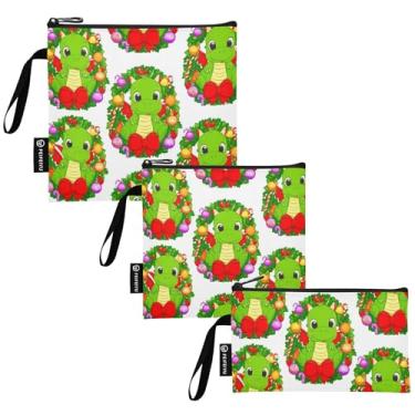 Imagem de TSENQUE Bonito dragão verde Natal reutilizável sanduíche e lanche sacos de armazenamento de alimentos de tecido lavável com zíper para escola piquenique trabalho viagem (pacote com 3: P/M/G)