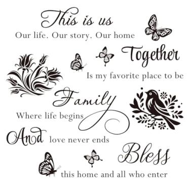 Imagem de 4 peças de decalques de parede com citações de família inspiradoras This is Us Bless This Home Adesivos de vinil para decoração de parede sala de estar quarto decoração de arte motivacional para