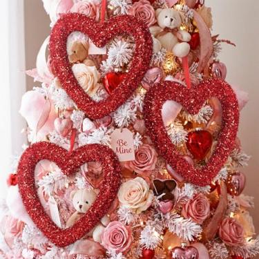Imagem de Wavyknot 3 peças de 25,4 cm grande enfeites de coração com glitter para pendurar no dia dos namorados, árvore, festa, casa, porta, parede, cornija, decoração de festa (vermelho)
