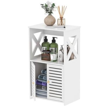 Imagem de BYFU Armário de armazenamento de banheiro, organizador independente de 3 camadas branco pequeno com porta e prateleira para sala de estar, corredor, cozinha, espaço pequeno