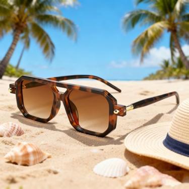 Imagem de Óculos de sol vintage quadrados anos 70 plano piloto feminino masculino clássico retrô elegante armação B2622, Armação de tartaruga e lente de chá gradual