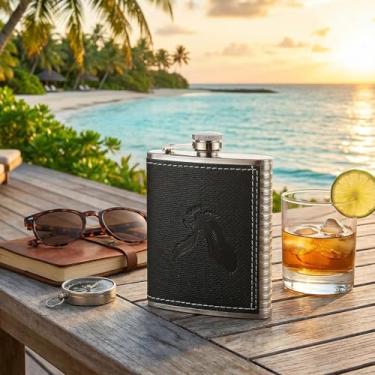 Imagem de 1 cantil de couro com funil - resistente a vazamentos - aço inoxidável bolso hip cantil com capa de couro marrom para adultos (pele preta)