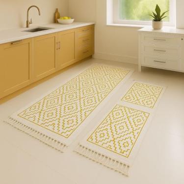 Imagem de Kit 3 Tapetes para Cozinha Algodão e Poliéster Passadeira Decorativa Macia Antiderrapante Uso Diário (Luxo Geométrico Mostarda)
