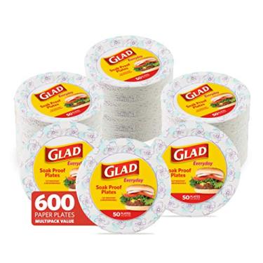 Imagem de Pratos de papel descartáveis redondos Glad para todas as ocasiões | Qualidade nova e melhorada | À prova de molho, cortes, placas descartáveis resistentes e resistentes ao micro-ondas | 25,4 cm de diâmetro, 600 unidades de placas de papel a granel