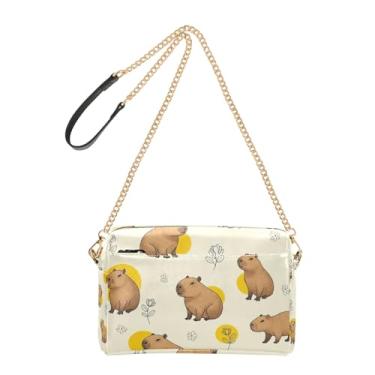 Imagem de Joitme Bolsa feminina tiracolo bolsa para celular bolsa de ombro de couro PU alça de corrente bonita capivaras poses bege