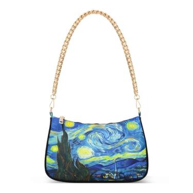 Imagem de Bolsa de ombro com corrente amarela azul estrelado em aquarela, bolsa Hobo artística para mulheres, bolsa média com várias opções de transporte