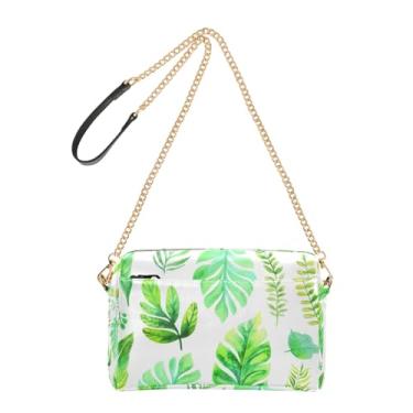 Imagem de Joitme Bolsa feminina transversal em aquarela folhas verdes bolsa de telefone linda alça de corrente couro PU bolsa de ombro