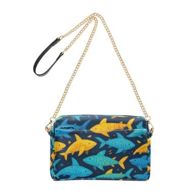 Imagem de Joitme Lindos tubarões bolsa feminina azul amarela bolsa tiracolo de couro PU bolsa de ombro alça de corrente bolsa para celular fofa
