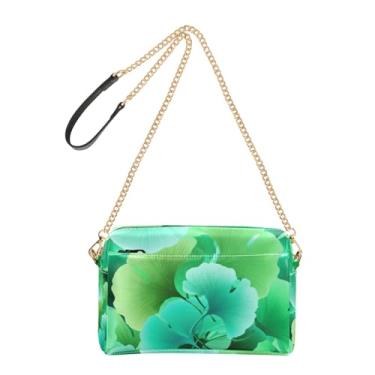 Imagem de Joitme Bolsa feminina transversal com folhas de ginkgo verde azul-petróleo bolsa para celular linda bolsa de ombro de couro PU alça de corrente