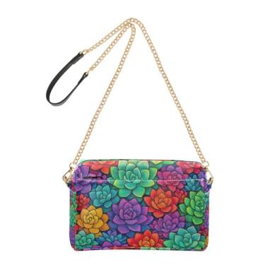 Imagem de Joitme Bolsa de ombro feminina transversal para telefone linda bolsa de ombro de couro PU alça de corrente plantas suculentas coloridas
