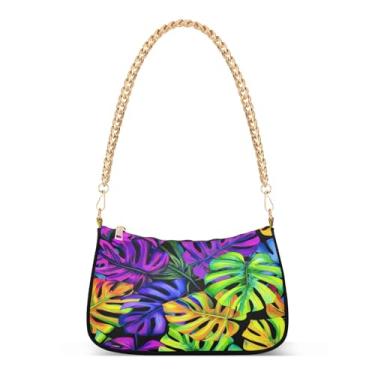 Imagem de Bolsa de ombro vibrante com corrente de ombro com folhas Monstera, bolsa moderna Hobo média para mulheres, bolsa clutch colorida para noite