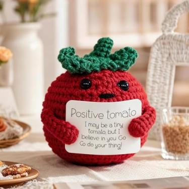 Imagem de Sobremesa artística de crochê positiva – decoração fofa de tomate de desenho animado, kits de crochê feitos à mão, festival, aniversário, presentes de Natal para mulheres ou homens