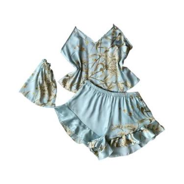 Imagem de Conjunto De Pijamas De Seda Femininos De Verão Com Estampa Floral 3 Pe