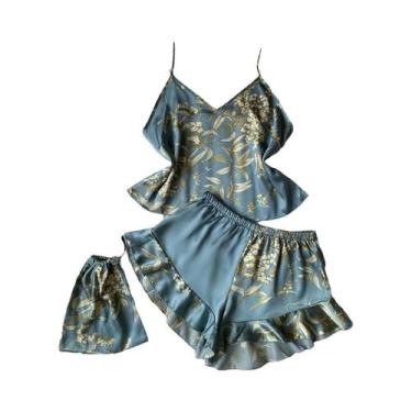 Imagem de Conjunto De Pijamas De Seda Femininos De Verão Com Estampa Floral 3 Pe