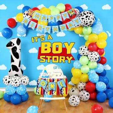 Imagem de Decoração de primeiro aniversário da Toy Inspired Story, faixa de cadeira alta para meninos com 110 peças de balões com estampa de nuvem de vaca, balão número 1, topo de bolo, chapéu e faixa para