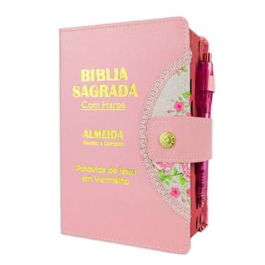 Imagem de Bíblia Sagrada Letra Grande - Rosa - Botão e Caneta Revista e Corrigid