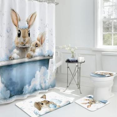 Imagem de Moukeren Conjunto de 4 peças para decoração de cortina de chuveiro, coelho natural, tapete de banheira, capa de vaso sanitário, impermeável, cortina de chuveiro com 12 ganchos para banheiro (Páscoa)