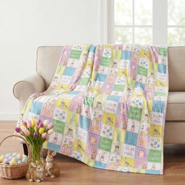 Imagem de Horaldaily Manta de flanela de Páscoa, ovos de Páscoa coloridos, xadrez, adornos, ondas, macios, felpudo, aconchegantes, cobertores de lã para sofá, cama, presentes ideais para crianças e adultos, 152