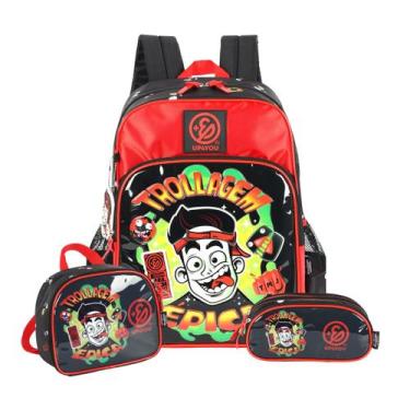 Imagem de Kit Mochila Enaldinho Costas Lancheira e Estojo Triplo Kids, Vermelho