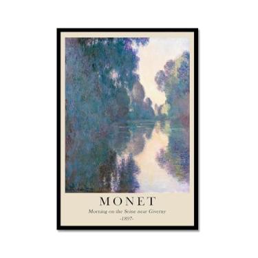Imagem de Pôster de tela Monet Water Lily Sunrise Claude Monet impressões paisagem vintage imagem de arte de parede sala de estar decoração galeria pôster (SKU3,12 x 18 pol. = (30 x 45 cm), moldura de metal
