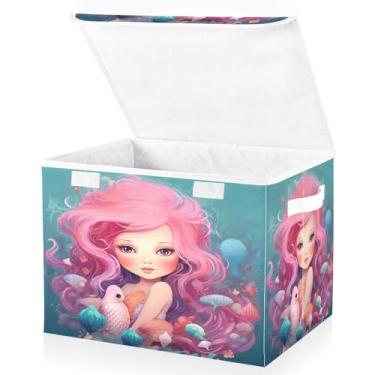 Imagem de Blueangle Cestos de armazenamento de sereia havaiana com tampas, 42 x 32 x 30 cm, grande cesta organizadora dobrável para decoração de escritório e armário (482)