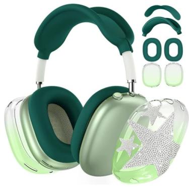 Imagem de [4 em 1] Capa para AirPods Max (2024/2020) Capa para fone de ouvido/faixa de cabeça com estrelas brilhantes para fones de ouvido Apple AirPods Max (cor gradiente verde escuro)