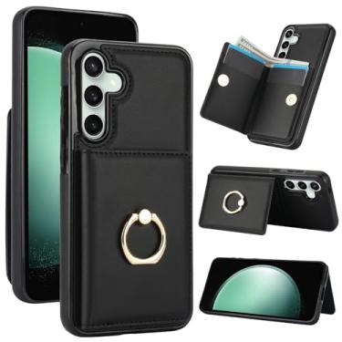 Imagem de Capa carteira para Samsung Galaxy S25 de 6,2 polegadas com suporte para cartão, capa de couro com bloqueio RFID, suporte de anel giratório de 360° com fecho magnético à prova de choque (preto)