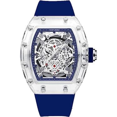 Imagem de Relógio de pulso analógico de quartzo com esqueleto vazado exclusivo, moderno, luminoso, à prova d'água, esportivo, transparente, pulseira de silicone, Azul, Relógio esqueleto