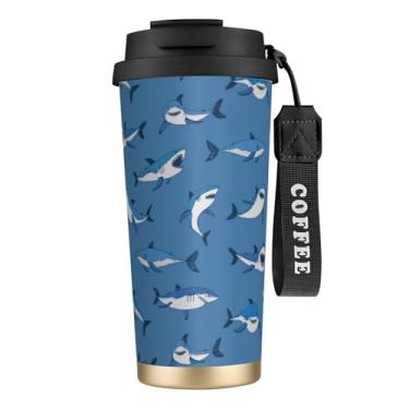 Imagem de NOCTILYRA Copo de café isolado tubarão com tampa caneca de café de viagem de aço inoxidável azul isolado a vácuo reutilizável garrafa de água