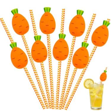 Imagem de NIEITRK 24 canudos temáticos de cenoura de Páscoa com listras laranja, suprimentos de celebração de coelhinho da Páscoa, decoração de festa de jardim de primavera, lembrancinhas de aniversário