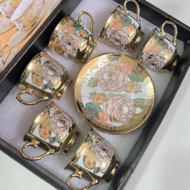 Imagem de Jogo 12 Peças: 6 Xícaras + 6 Pires de Porcelana Premium - Ideal para Café, Elegantes e Práticas para Residência e Bares (DDR4 FLORAL)
