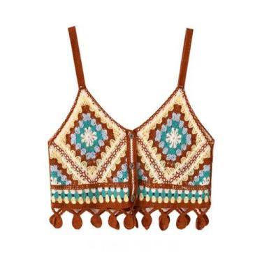 Imagem de Top Cropped Feminino Boho Com Franjas E Alças, Crochê Granny Square, T