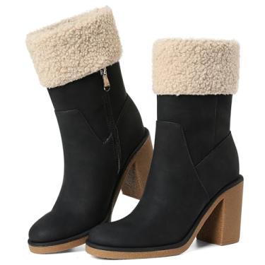 Imagem de North Oak Botas de inverno femininas, confortáveis com zíper lateral, salto grosso, camurça, pele quente, neve, cano baixo, sapatos de festa ao ar livre, 1 preto, 36